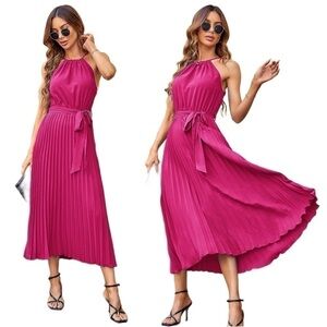 NWT Sexyasasii Pleated Halter Barbiecore Pink Dress Sleeveless Belted Swing Midi